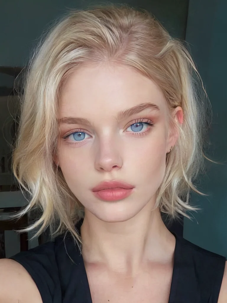 selfie, pretty woman, 4ng3l face, beautiful girl, full lips, wearing dress, blue eyes, blonde brows, blonde hair, short hair, pale skin, hope gangloff