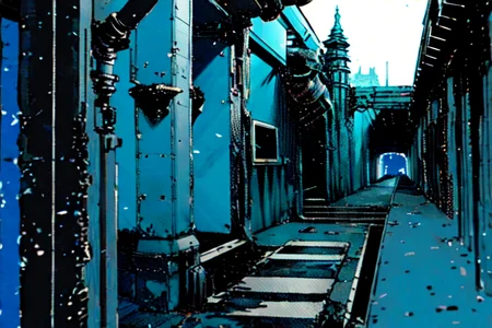 highly insanely detailed, masterpiece, top quality, best quality, highres, 4k, 8k, RAW photo, (very aesthetic, beautiful and aesthetic),
tsutomu nihei,nihei_tsutomu,blame!,blame gakuen!,abara,TNstyle,sidonia_no_kishi,(mausoleum,tower,hangar,space,spacecraft,megastructure in background,stairs,tunnel,city ruins,sidonia \(ship\)),walkway,concrete walls,metal walls,dome,clouds,wire,lantern,drainpipe,toha heavy industries,cables,tubes,industrial pipes,star \(sky\),starry sky,light particles,tentacles,bones,foggy,steam,smoke,dark sky,black sky,ventilation fan,ventilation shaft,bridge,fence,gauna,gauna mech,air conditioner,machinery,buildings,science fiction,futuristic,open space,
<lora:blamev2:0.8>,
(1girl:1.3),
solo focus,
(pure blue background,transparent background:1.2),âââ