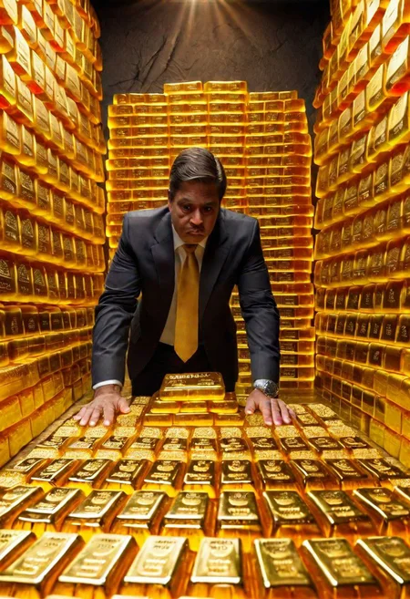 Gangster inspects huge stacks of gold bars made out of gummiray, bank safe backdrop, down below angle