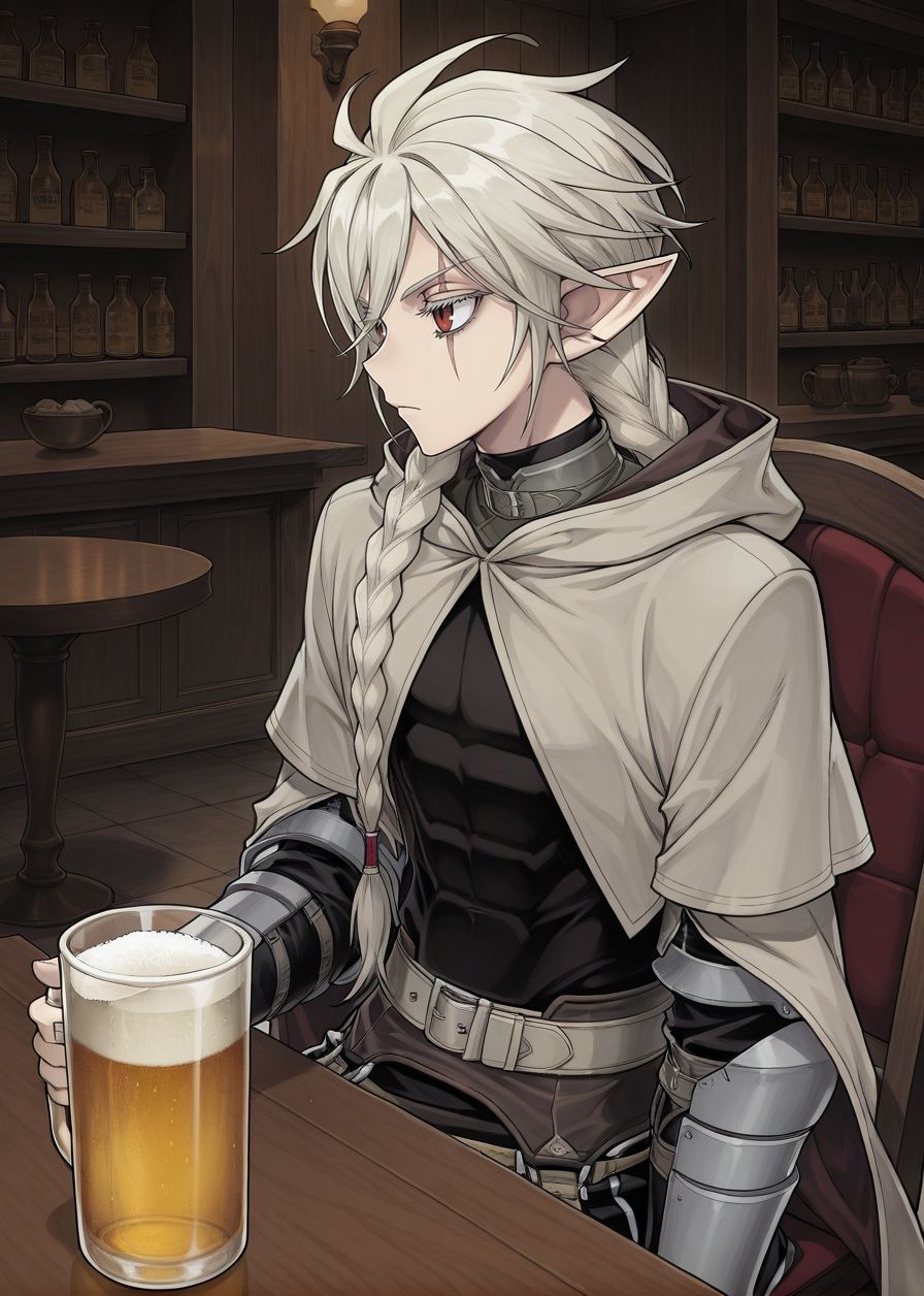 masterpiece, best quality, arms at sides, male focus, 1boy, male, indoors, bar background, holding jug, drinking beer, sitting on chair, table, facing to the side, solo, 
<lora:Koinzell:0.8>, Koinz0l, red eyes, platinum blonde hair, scar across eye, pointy ears, twin braid, platinum blonde eyelashes, cape, hooded cloak,