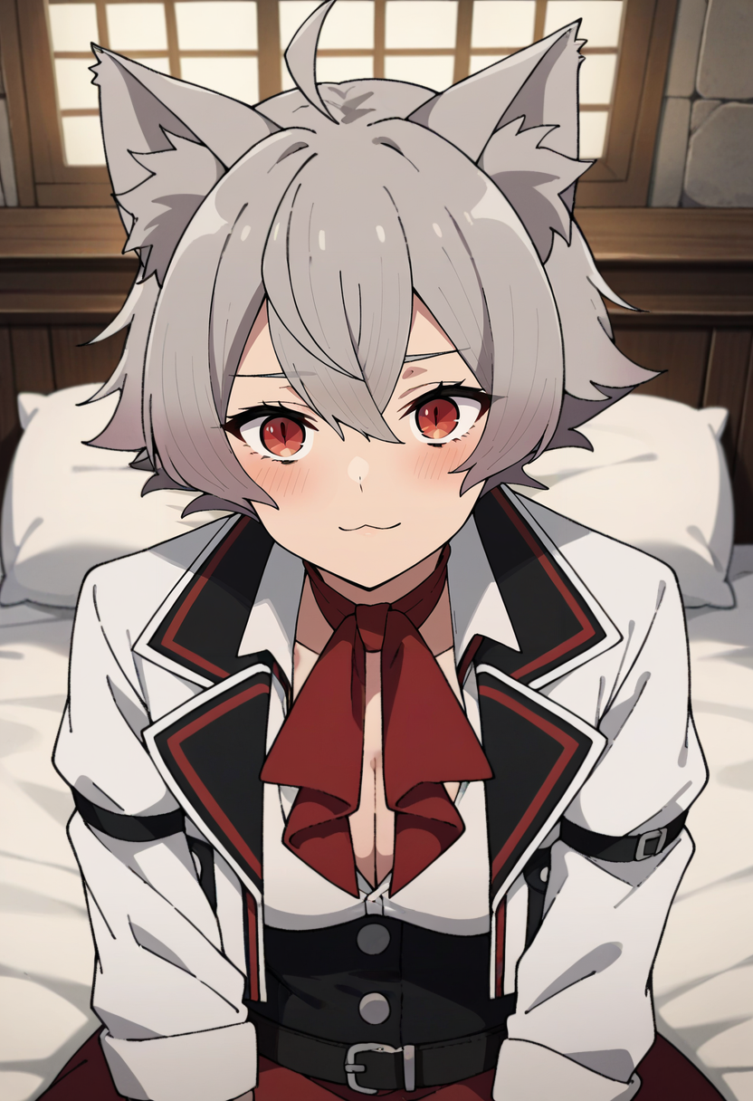 score_4, score_5, score_6, score_9, score_8_up, score_7_up, source_anime,
<lora:MushokuTensei_LiniaXL:0.8>, LiniaMT,
1girl, :3, light smile, blush,
grey hair, short hair, ahoge, red eyes, slit pupils, cat ears,
school uniform, open jacket, cropped jacket, white jacket, white shirt, cleavage cutout, long sleeves, black corset, black belt, red skirt, red neckerchief,
wariza, looking at viewer,
indoors, medieval, on bed