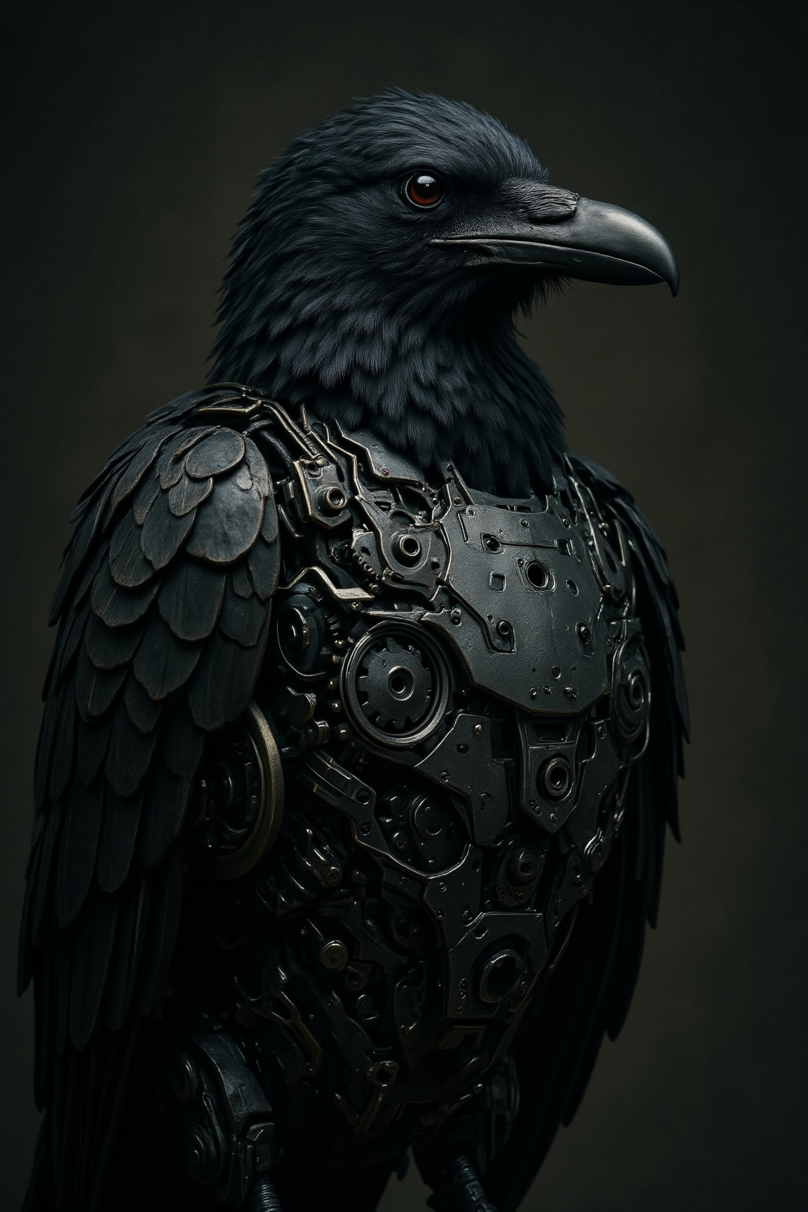 A futuristic, stylized raven combines organic features with mechanical elements. The head head is detailed with intricate black feathers, while intricate robotic components, including gears and circuits, replace parts of its body. The background is dark, emphasizing the contrast between the natural feathers and the metallic elements, creating a striking blend of nature and technology.