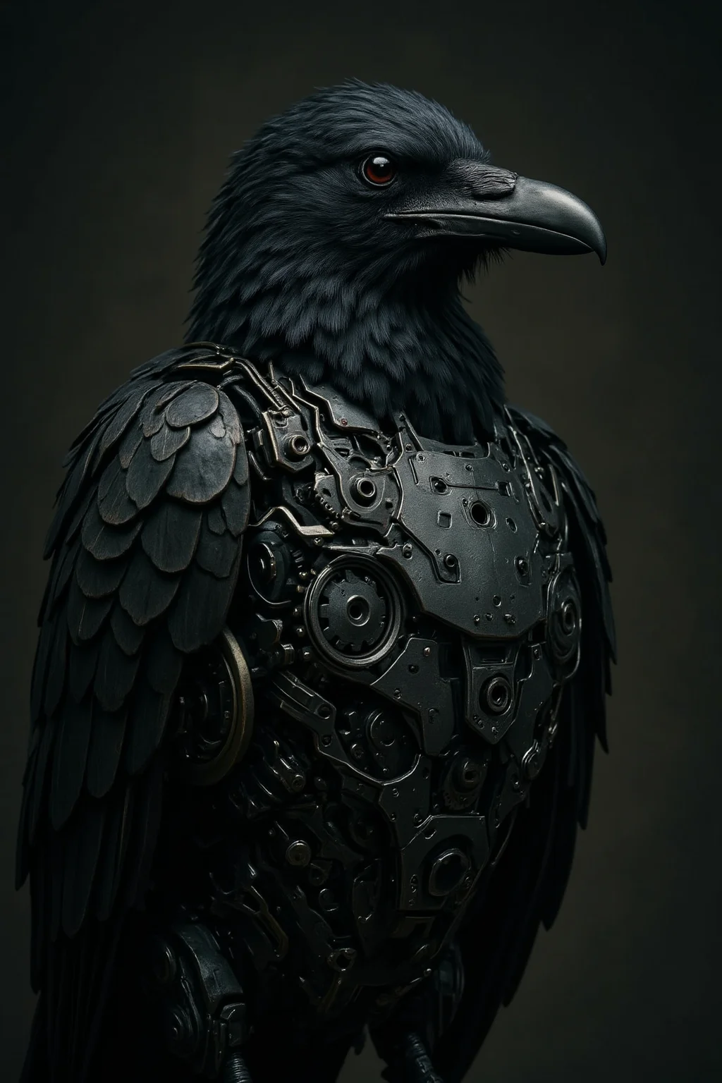 A futuristic, stylized raven combines organic features with mechanical elements. The head head is detailed with intricate black feathers, while intricate robotic components, including gears and circuits, replace parts of its body. The background is dark, emphasizing the contrast between the natural feathers and the metallic elements, creating a striking blend of nature and technology.