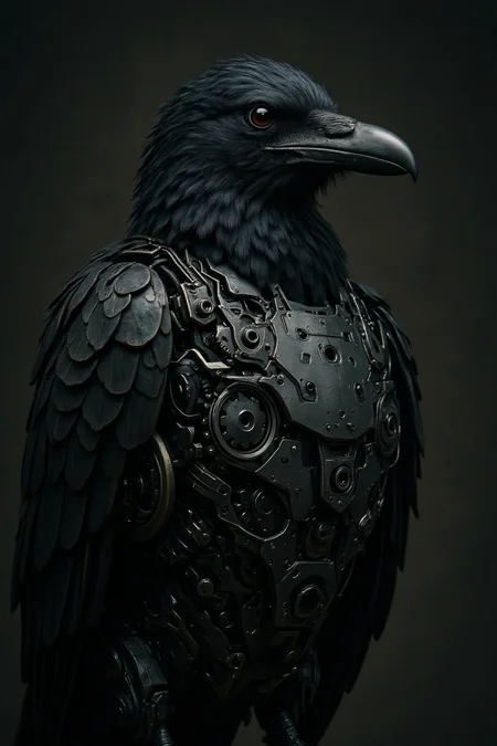 A futuristic, stylized raven combines organic features with mechanical elements. The head head is detailed with intricate black feathers, while intricate robotic components, including gears and circuits, replace parts of its body. The background is dark, emphasizing the contrast between the natural feathers and the metallic elements, creating a striking blend of nature and technology.