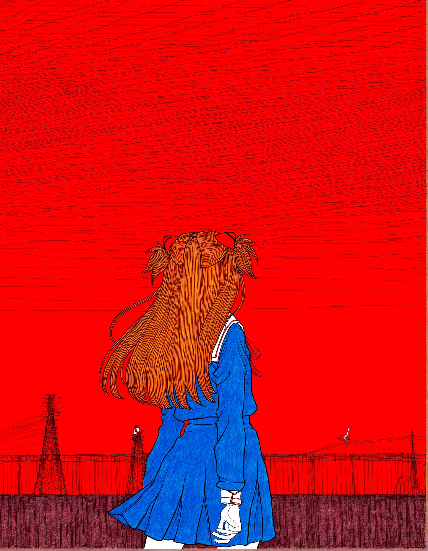 high quality, newest, hires, 1girl,( souryuu asuka langley,:0.7) solo,school uniform, (scenery:0.45),cowboy shot, orange hair, red hair,