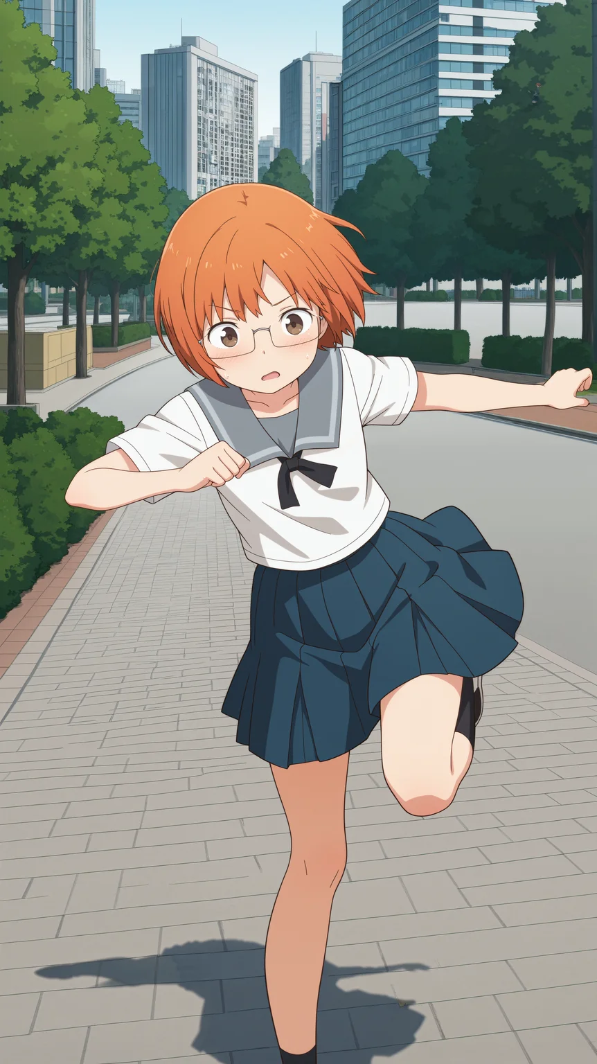 masterpiece, best quality, amazing quality, girl, dynamic pose, standing on one leg, <lora:Chio Miyano - Illu:0.8>, short hair, orange hair, brown eyes, glasses, school uniform, grey collar, black ribbon, blue skirt, simple, simple background, city park, nature, adventuring, exploring, posing,