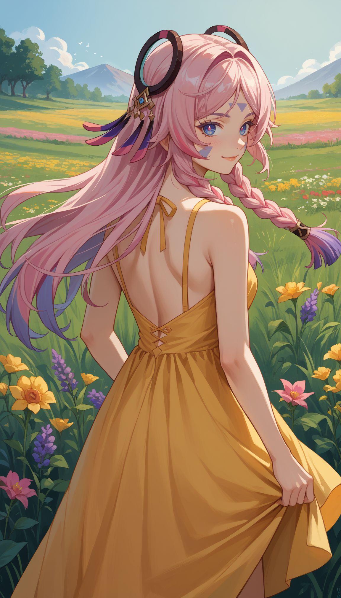 score_9, score_8_up, score_7_up, source_anime,  
 <lora:Citlali:0.7> 1girl, citlali_(genshin_impact), long hair, braid, blue eyes, pink hair, twin braids, hair ornament, facial mark, hair intakes, multicolored hair, from behind, solo, 1girl, smile, looking back, , yellow sundress, bare shoulders, outdoors, flower field