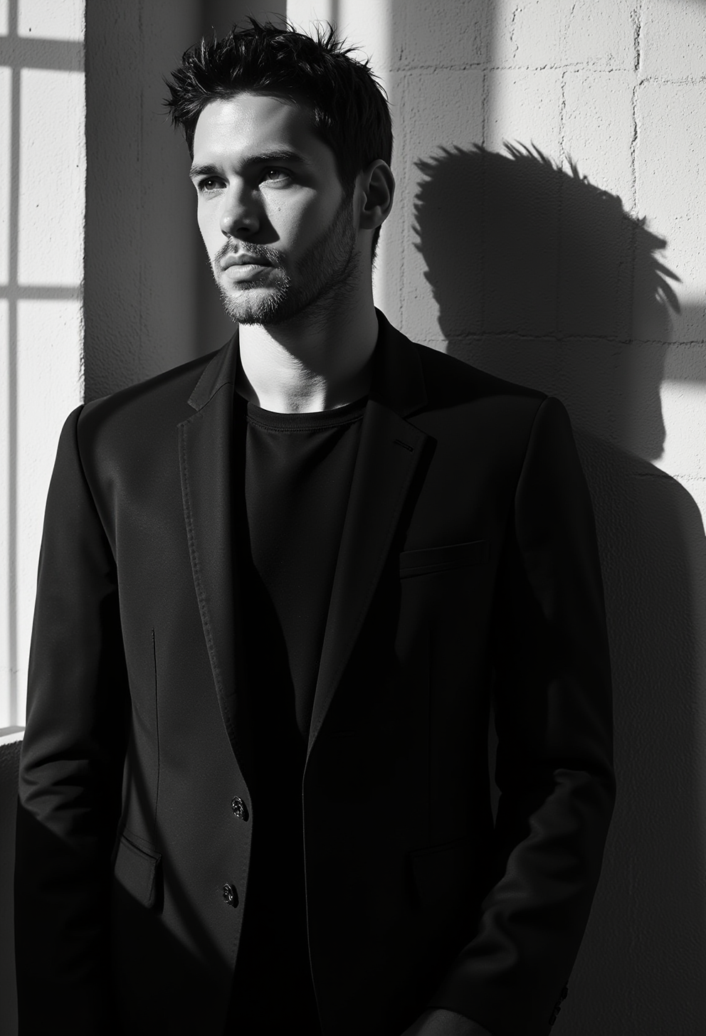 S4DC1NE, This is a photograph featuring a young man with a rugged, well-groomed appearance. He has short, tousled dark hair and a neatly trimmed beard. His expression is contemplative, with a slight furrow between his eyebrows. He is dressed in a sleek, tailored black suit jacket over a black dress shirt, which adds to his sophisticated yet edgy look. The lighting creates dramatic shadows, casting a strong diagonal line across his face and body, highlighting the textures of his clothing and the subtle contours of his face. The background is a plain, white-painted cinder block wall, which contrasts sharply with his dark attire, making him the focal point of the image. The photograph has a high contrast, emphasizing the play of light and shadow, and the overall composition is minimalist, with a focus on the subject's form and expression. The image conveys a sense of introspection and mystery, with the monochromatic palette adding a timeless, classic feel. 