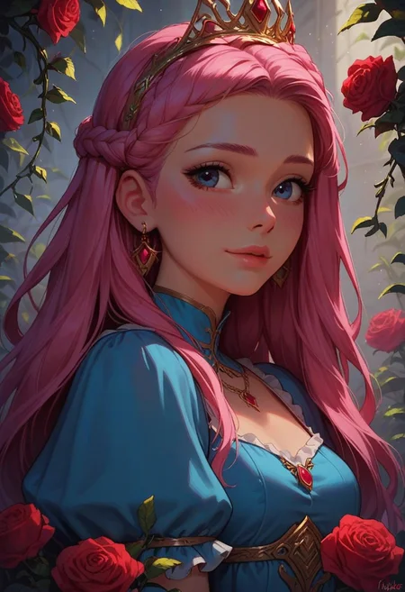 score_9, score_8_up, score_7_up, score_6_up, 
1girl, 25 years old, perfect face, cute, petite,  
dark eyes, 
pink hair, long hair, crown braid, golden earrings, (crown), pendant, 
frilled dress, blue dress, pink ribbon, 
vines, roses,
blush, shy smile, portrait, face focus, detailed face,