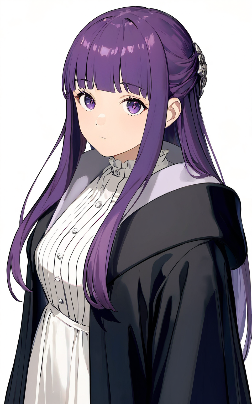 8k, best quality, masterpiece, (ultra-detailed), (high detailed skin), 
upper body, mid shot, standing, looking at viewer, (solo:1.2), simple background, white background, 
<lora:feilun-a3-Tanger:0.8>, fellun, default clothes, black robe, white dress, 1girl, solo, long hair, purple hair, purple eyes,