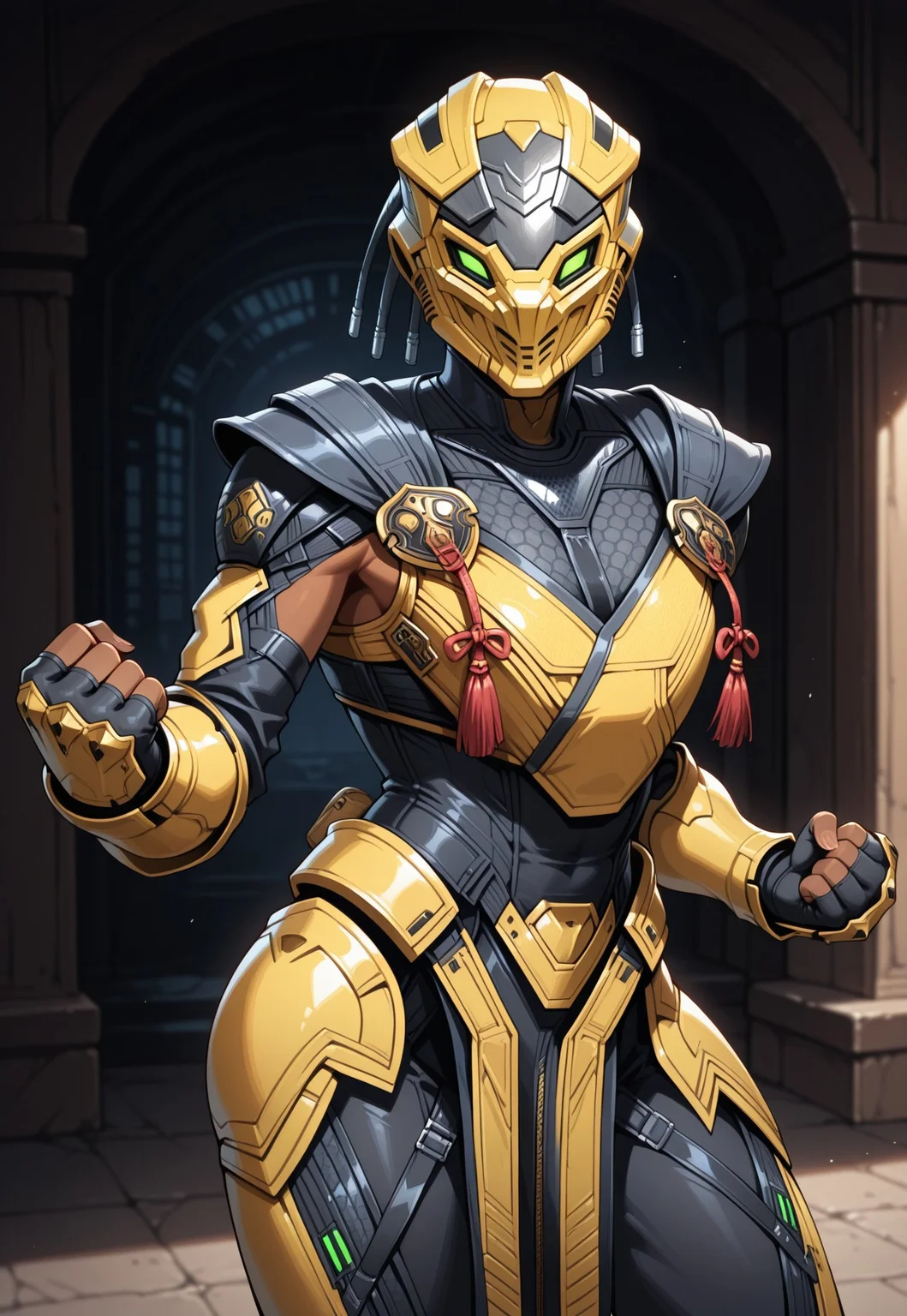 masterpiece, best quality, detailed, realistic, cowboy shot, 1girl, solo, Cyrax, Helmet, mask, green eyes, dark-skinned female, Black bodysuit, shoulder armor, breastplate, gauntlets, fingerless gloves, leg armor, pelvic curtain, fists, fighting stance,
