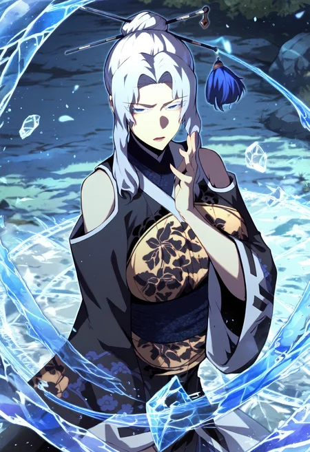 score_9, score_8_up, score_7_up, score_6_up, source_anime, rating_explicit, 1girl, solo, huge breasts,<lora:Talaris Endorma prefectPonyxl:0.9> single hair bun, hair ornament, hair stick, white hair, sidelocks, blue eyes, colored eyelashes, parted bangs, japanese clothes, floral print, black dress, bare shoulders, shoulder cutout, sash, long sleeves, wide sleeves, frown, serious, open mouth, grasslands, outdoors, looking at viewer, hand up, (ice:1.1), magic circle