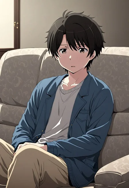 high resolution, solo, best quality, 1Boy, Inaho Kaizuka, Black Hair, deep talk, helpless, sit, couch, OverallDetail