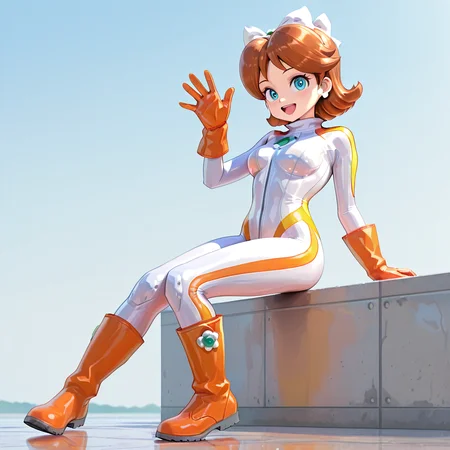 1girl, daisymkwbiker <lora:Daisy MKW Adventure Outfits Illustrious V2:.8>, white body suit, orange boots, orange gloves, waving