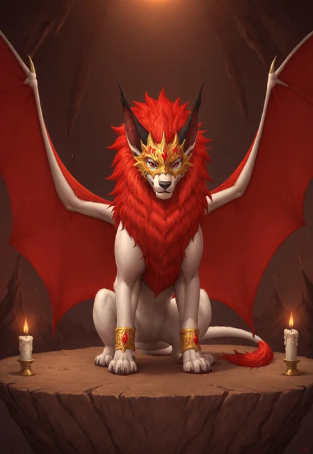 reallynxgirl_style, solo, feral, full body, rosard, furry dragon, white body, white lion head, golden mask on face, red eyes, black nose, black bridge of nose, ((bat black ears)), (((long ears))), ((red mane)), red webbed wings, long white dragon tail with red tassel, gold bracelets on paws, dark cave, candles, detailed background