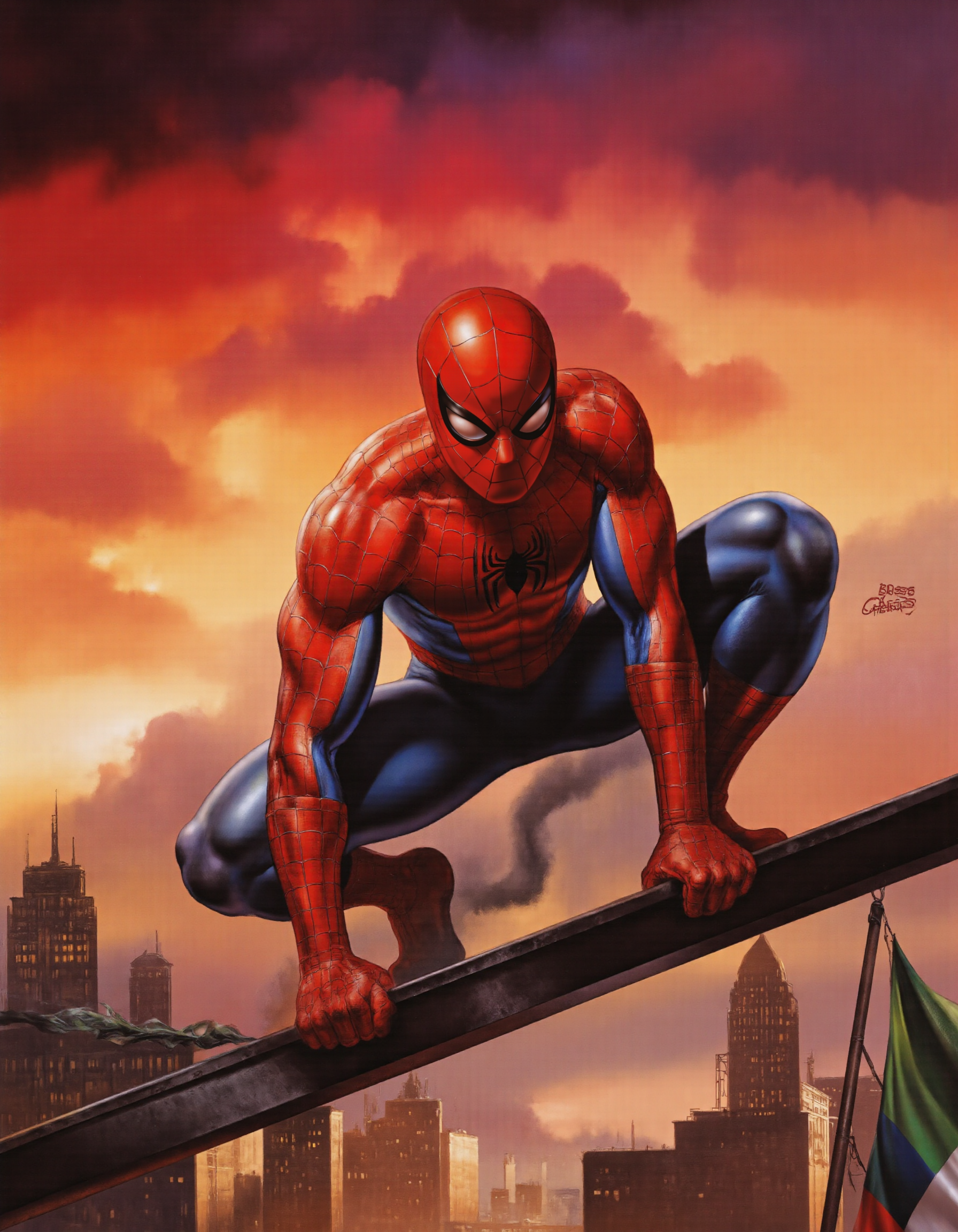 <lora:valejo:1>, This is a vibrant, digitally rendered illustration featuring Spider-Man, a superhero known for his red and blue suit with a distinctive spider emblem on his chest. The scene is set against a dramatic, sunset backdrop with a gradient of warm colors transitioning from deep reds and oranges at the top to yellows and pinks near the horizon. The sky is filled with swirling clouds, adding a dynamic and energetic feel to the image., 
Spider-Man is depicted mid-action, crouching on a horizontal beam with his right hand gripping the edge and his left arm extended, webbing ready to shoot. His suit is detailed with a glossy, shiny texture that emphasizes the muscles of his body, highlighting his strength and agility. His red mask has a web pattern, and his blue gloves and boots are visible., 
In the background, there is a cityscape with tall, illuminated buildings, suggesting a nighttime urban setting. The foreground features a green and white flag, adding a patriotic element to the composition. The illustration is signed "BOSS" in the lower right corner, indicating the artist's name. The overall style is dynamic and action-packed, capturing the essence of Spider-Man's superheroic adventures.