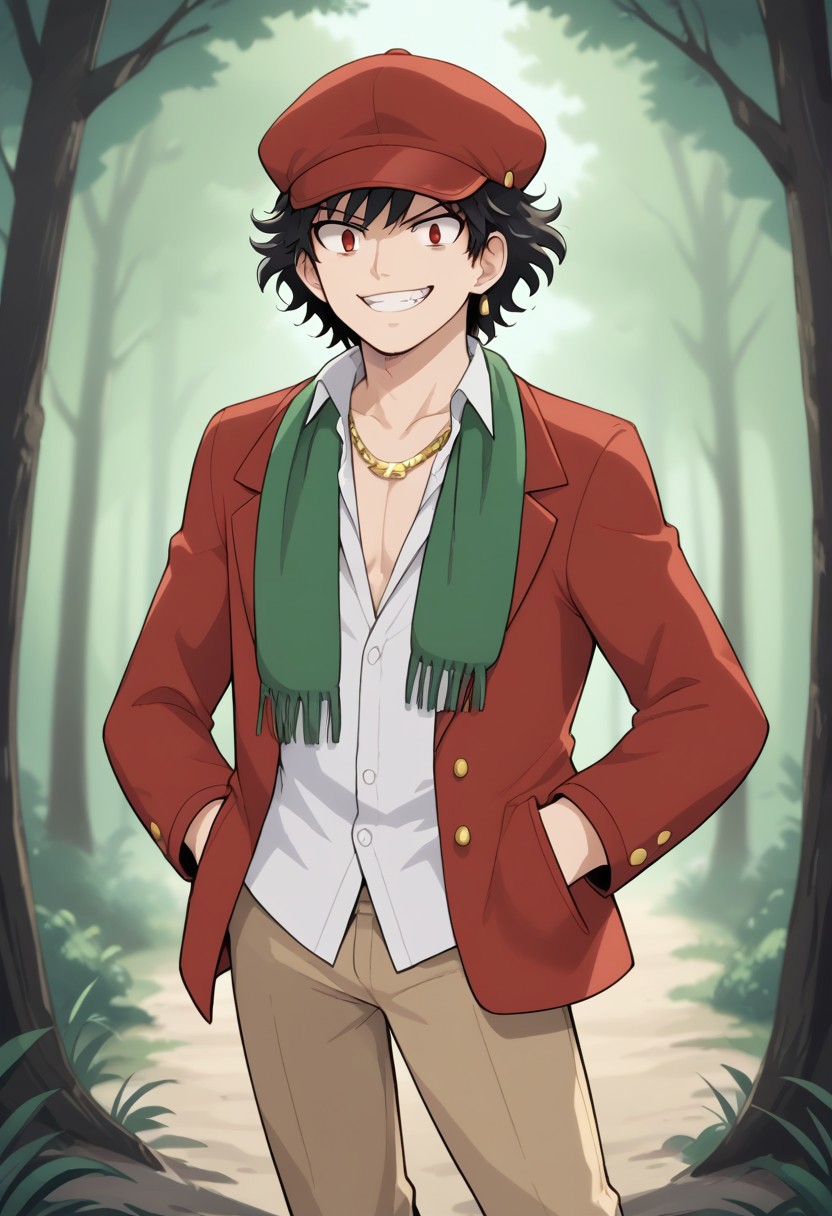 (source_anime, score_9, score_8_up, score_7_up:1), 1boy, solo, spiritgruntm, black hair, sideburns, red eyes, gold earring, spirituniformm, newsboy cap, green scarf around shoulders, red jacket, white buttoned shirt, open collar, collarbone, gold necklace, khaki pants, outdoors, forest, smirk, looking at viewer, hands in pockets, slouching, pokemon \(classic anime\), anime screencap
