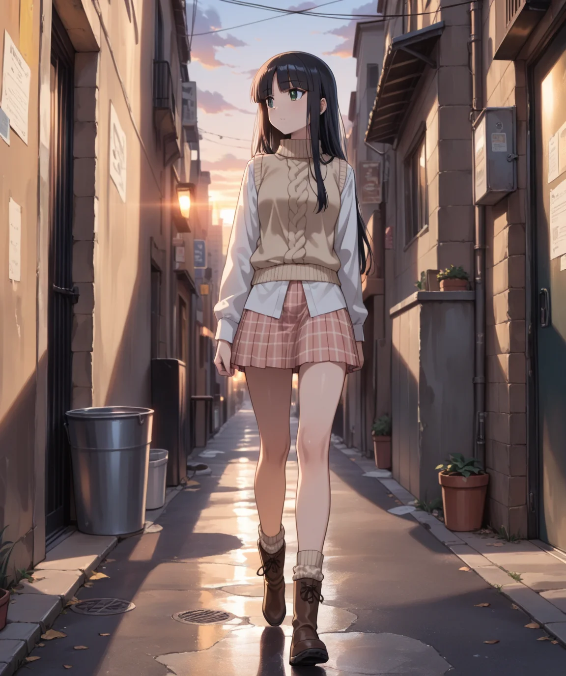 masterpiece, best quality, amazing quality, very aesthetic, ultra detail, clear line, solo, <lora:sinoduka_arashi_v1:0.8>, arashi, green eyes, long hair, black hair, white shirt, sleeveless sweater, checked skirt, knitted socks, brown boots, full body, walking, evening, new york, back alley, outdoor, <lora:LECO_BadHands:1.2>, <lora:LECO_GoodHands:-1.2>, <lora:cfg_scale_boost:0.7>
