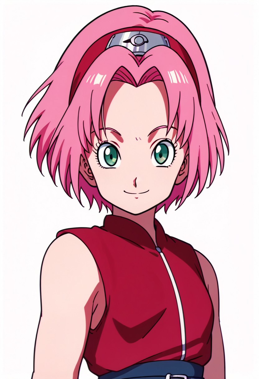 score_9, score_8_up, score_7_up, score_6_up, score_5_up, score_4_up, BREAK, source_anime,
1girl, haruno sakura, pink hair, short hair, green eyes, sleeveless, red shirt, forehead protector,
hands behind back, smile, upper body, looking at viewer, solo, simple background, white background, anime screencap, anime coloring   <lora:SakuraShippudenXL:1>, 90s dbz style, style dragon ball z girls 90s, retro style, style akira toriyama, .