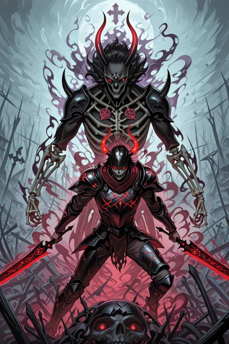 embedding:lazympos, in style of janfresh, 1man, demonic warlord, skeletal frame, obsidian armor, glowing eyes, spectral horns, dark aura, commanding stance, wielding a cursed blade, spectral dragon, black and red gradients, deathly presence, fearsome creature, ethereal smoke, glowing runes, haunting allure, dynamic action, intense expression, intense battle, dynamic pose, intense clash, haunted battlefield, swirling spirits, apocalyptic clash, swirling chaos, eerie mist, shattered reality, ominous lighting, chilling atmosphere, surreal gradients, ethereal glow, deep contrast, ambient occlusion, volumetric lighting, raytracing <lora:SplashCore_v1.0_-_Illustrious:1>