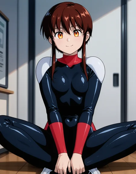 1girl, solo, tita mu koshigaya, brown hair, short hair, sidelocks, orange eyes, smile, medium breasts, black bodysuit, indian style, sitting on floor, holding own legs, straight on, depth of field, indoors, light theme <lora:tita_mu_koshigaya_ilxl_v1:0.85>
