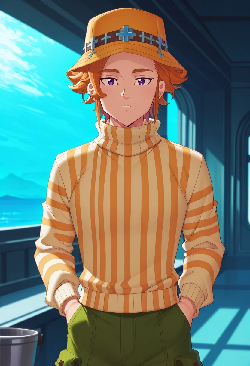 masterpiece, best quality, intricate details, semi-realistic, looking at viewer, 1boy, solo, male focus, <lora:arthur_pendragon_ilxl:1>, arthur_pendragon, orange hair, purple eyes, short hair, Titanic voyage, grand deck, billowing sails, icy waters, gazing pose, awe-struck expression, cold moonlight, Cropped cargo shorts, Cashmere BlushPink Striped crew neck sweater, , Bucket hat, and
