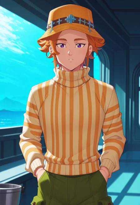 masterpiece, best quality, intricate details, semi-realistic, looking at viewer, 1boy, solo, male focus, <lora:arthur_pendragon_ilxl:1>, arthur_pendragon, orange hair, purple eyes, short hair, Titanic voyage, grand deck, billowing sails, icy waters, gazing pose, awe-struck expression, cold moonlight, Cropped cargo shorts, Cashmere BlushPink Striped crew neck sweater, , Bucket hat, and