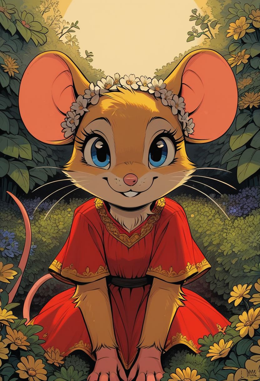 score_9, score_8_up, score_8, (solo), (fluffy:0.8), (feral:1.2), outdoors, furry, (((mouse))), female, vivid blue eyes, yellow fur, yellow ears, (fluffy cheeks:0.4), (red dress), (hands on knees:1.2), (cute:1.2), in the style of beatrix potter, cel-shading, backlit, sun, daylit sky, flowers, flower crown,  look at viewer, smile, waving to viewer, (head shot, portrait:1.5), (side view:0.8), (bushes in foreground:1.3), gr33n, plant, flower, sitting