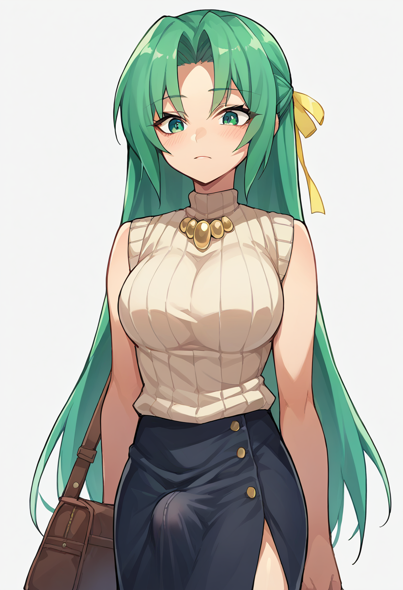 score_9, score_8_up, score_7_up, source_anime,    <lora:SHionAdapt0.5 15:1> sonozaki shion, green hair, long hair, green eyes, yellow ribbon, turtleneck sweater, black skirt, yellow necklace, erection under clothes, 1girl, solo  <lora:Erection Under Clothes-000012:1>