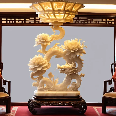 alabaster stone sculpture, artistic, chinese, masterpiece, chinese dragon lighting, chrysanthemum around, intricate shapes, in an elegant Chinese room