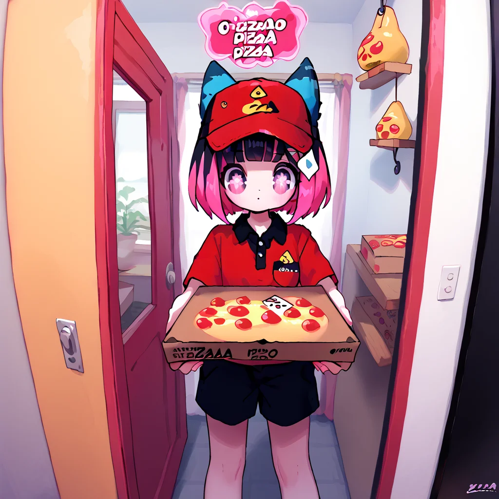 <lora:Berta_Delica:1> black hair, pink hair, multicolored hair, symbol-shaped pupils
<lora:GettingPizzaDeliveredPOV_pdxl_Incrs_v1:0.8> pizza box, employee uniform, pov, pizza delivery