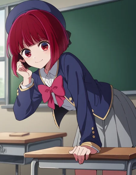 score_9, score_8_up, score_7_up, source_anime,
kanaarima, <lora:kana-arima-s1-ponyxl-lora-nochekaiser:1>,
kana arima, short hair, bangs, red eyes, red hair, bob cut, smile,
skirt, long sleeves, hat, bow, school uniform, jacket, pink bow, grey skirt, blue headwear,
indoors, classroom, bent over, smile,
looking at viewer, cowboy shot, dutch angle,