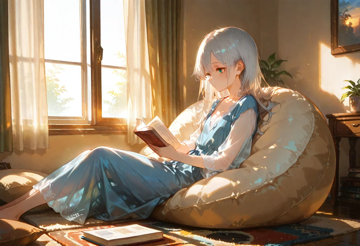 artist:, masterpiece, newest, very aesthetic, very awa, absurdres, highres, 1girl, detailed eyes, small slim girl, disheveled silver-haired, long hair, blue eyes, long dress, blue casual dress,see-through cleavage, sitting on bean bag chair, pillow, reading, enjoy, (((afternoon scene, window, curtain))), dutch angle,side view