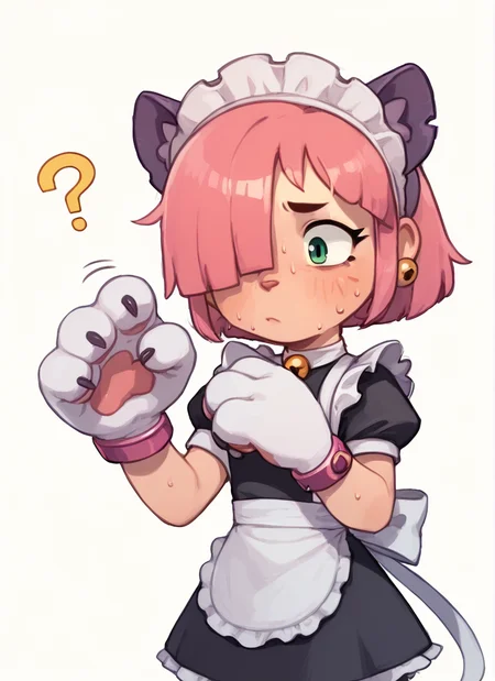 score_9, score_8_up, score_7_up , <lora:pawlette:1> 1girl, pawlette ,animal ears, pink hair, hair over one eye, maid headdress, bracelet , maid, short dress, White Stockings , paw gloves,solo , <lora:PossumMachine:1>posmach , confused, ??? ,sweat, simple background,