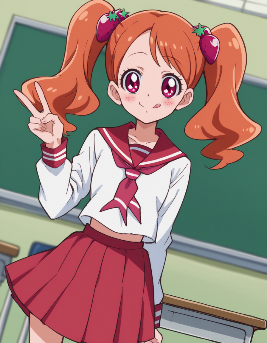 score_9, score_8_up, score_7_up, source_anime,
<lora:ichika-usami-anime-ponyxl-lora-nochekaiser:1>, ichika usami, hair ornament, twintails, pink eyes,
skirt, long sleeves, school uniform, serafuku, sailor collar, orange hair, red skirt, food-themed hair ornament, red sailor collar, strawberry hair ornament,
classroom, smile, blush, v, v over eye, tongue,
looking at viewer, cowboy shot, dutch angle, solo,