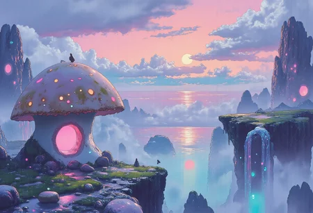neon-mist, Studio Ghibli Whimsical Fairytale – mushroom Kingdom Landscape, giant mushroom, moss, pebbles, Landscape scenery, pastel moody, hyperdetailed Clouds, lndscpx, towering Fantasy tower mushroom, fountain, birds, billowing moody Cloud skyline