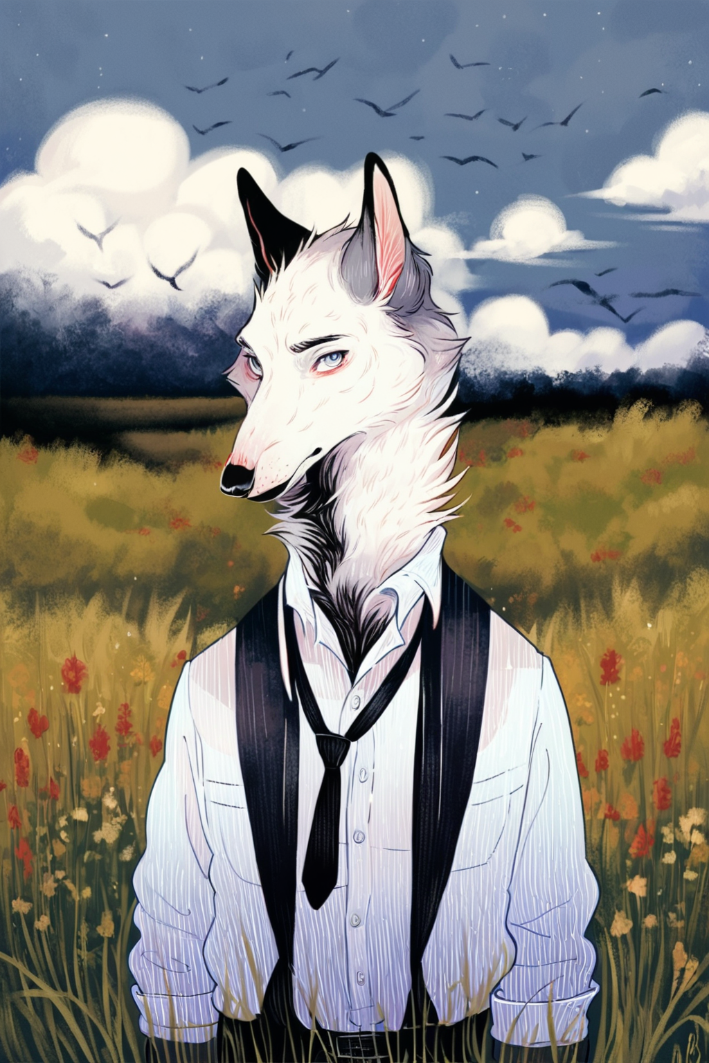 score_9, score_8_up, score_7_up, solo, looking at viewer, shirt, 1boy, white shirt, upper body, male focus, outdoors, necktie, sky, collared shirt, bird, animal, grass, furry male, cloud, no humans, dress shirt, black necktie, furry, grey sky, flock<lora:dappermouth:1.5>, night, darkâââ