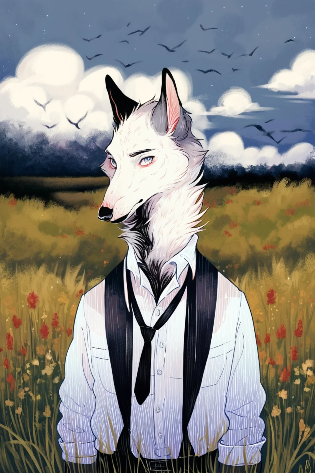 score_9, score_8_up, score_7_up, solo, looking at viewer, shirt, 1boy, white shirt, upper body, male focus, outdoors, necktie, sky, collared shirt, bird, animal, grass, furry male, cloud, no humans, dress shirt, black necktie, furry, grey sky, flock<lora:dappermouth:1.5>, night, darkâââ