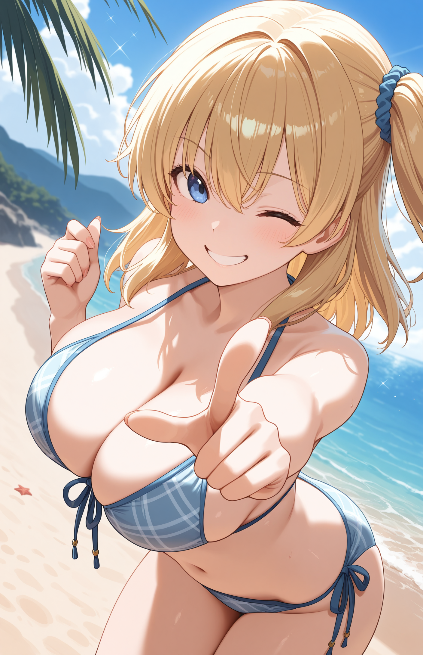 masterpiece, best quality, 1girl,  beach, bikini, pointing at viewer, smile, one eye closed,