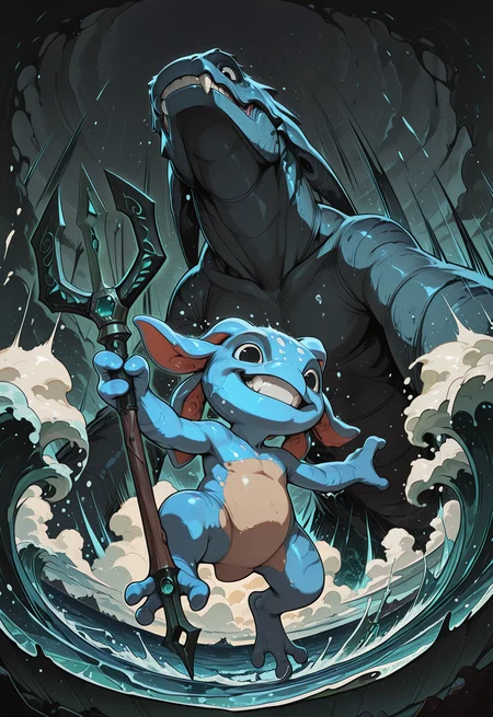 embedding:IllusP0s, codex sss chroma, dynamic angle, low angle view, from below, wide shot,
BREAK
(1boy, fizz, yordle, amphibian, blue skin, holding one trident, mischievous grin, jumping in foreground:1.2)
BREAK
a giant prehistoric shark, megalodon, animalistic, scarred grey hide, soulless black eyes, rows of serrated teeth, jaws wide open in a roar, emerging from the depths behind fizz, no arms, no legs, summoning, magic, water splash, waves, sea surface, foam, ocean, water
BREAK
stormy sky, dark clouds, dramatic shadows, motion blur, school of fish fleeing, sunken ship in background