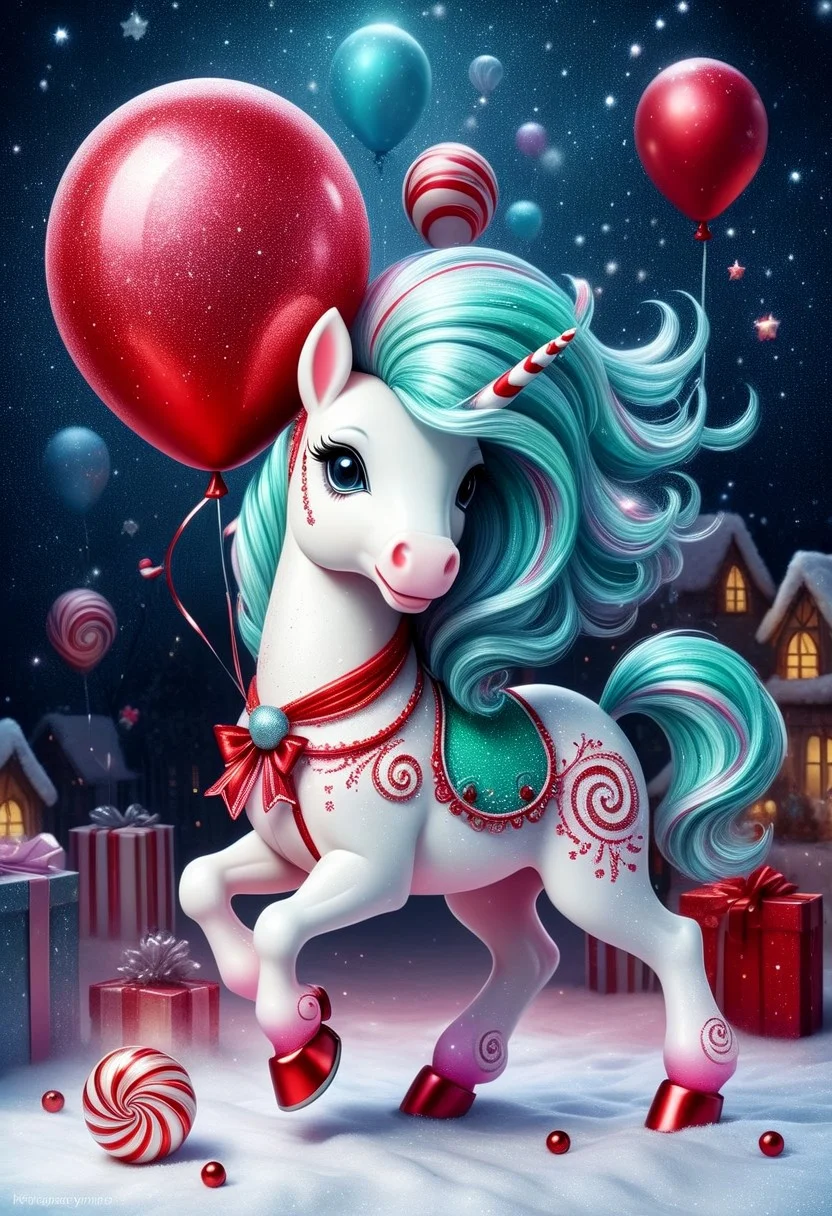 greeting card style captures redglitter Christmas essence, balloon, Jed-Cndcne toy peppermint pony, whimsical, chibi, kawaii, pastel colors watercolor, in the style of Gorjuss, Joan Walsh Anglund, margaret keene, charlie bowater, soft-focus and diffused lighting akin to Paolo Roversi, imbued with Tim Burton's macabre touch, Kris Kuksi-like intricate background detail, digital painting, ultra-detailed, cinematic.