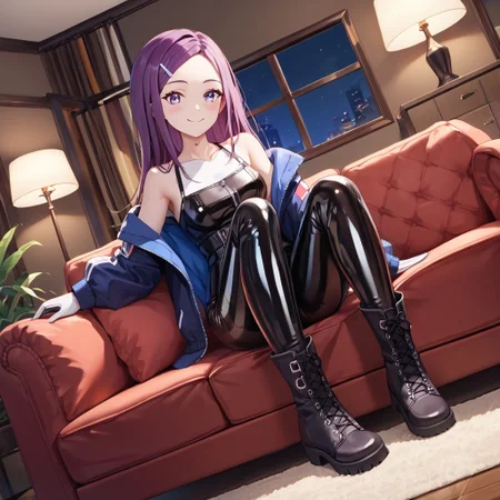 masterpiece, best quality, score_9, score_8_up, score_7_up, full body, 1 girl, looking at viewer, cowboy shot, dutch angle, indoors, sitting on couch, living room, night, blush, smile, ange, purple hair, purple eyes, long hair, hair ornament, hairclip, forehead, collarbone, latex jacket, bare shoulders, long latex sleeves, white latex gloves, black latex pants, black latex boots, flat boots