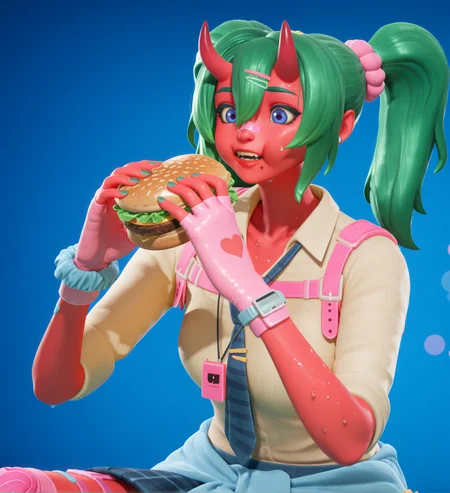high quality, masterpiece, intricate details, absuredres, (eating burger, upper body, depth of field, bokeh, blue background, solid background:1.5), fortnite_nemia, 1girl, solo, green hair, twintails, ponytail, long hair, bangs, hair between eyes, hair over one eye, ears, horns, oni horns, single horn, red skin, pink skin, blue eyes, parted lips, bandaid, bandaid on nose, bandaid on thighs, breasts, shirt, school uniform, necktie, plaid skirt, thighhighs, socks, loose socks, boots, jewelry, earrings, bracelet, charm, belt, gloves, fingerless gloves, knee pads, leg warmers, collarbone, solo, colored skin, hair ornament, hairclip, scrunchie, holster, striped necktie, clothes around waist, oni, plaid, charm (object), blue necktie, sweater around waist, animal print, heart, shoes, star (symbol), thigh holster, (female focus, female_focus, sweating, sweat:1.4), <lora:Fortnite_Nemia_Demonically_Cute_Set_ILXL_E41_16_DIM:1>, <lora:dmd2_sdxl_4step_lora:1>