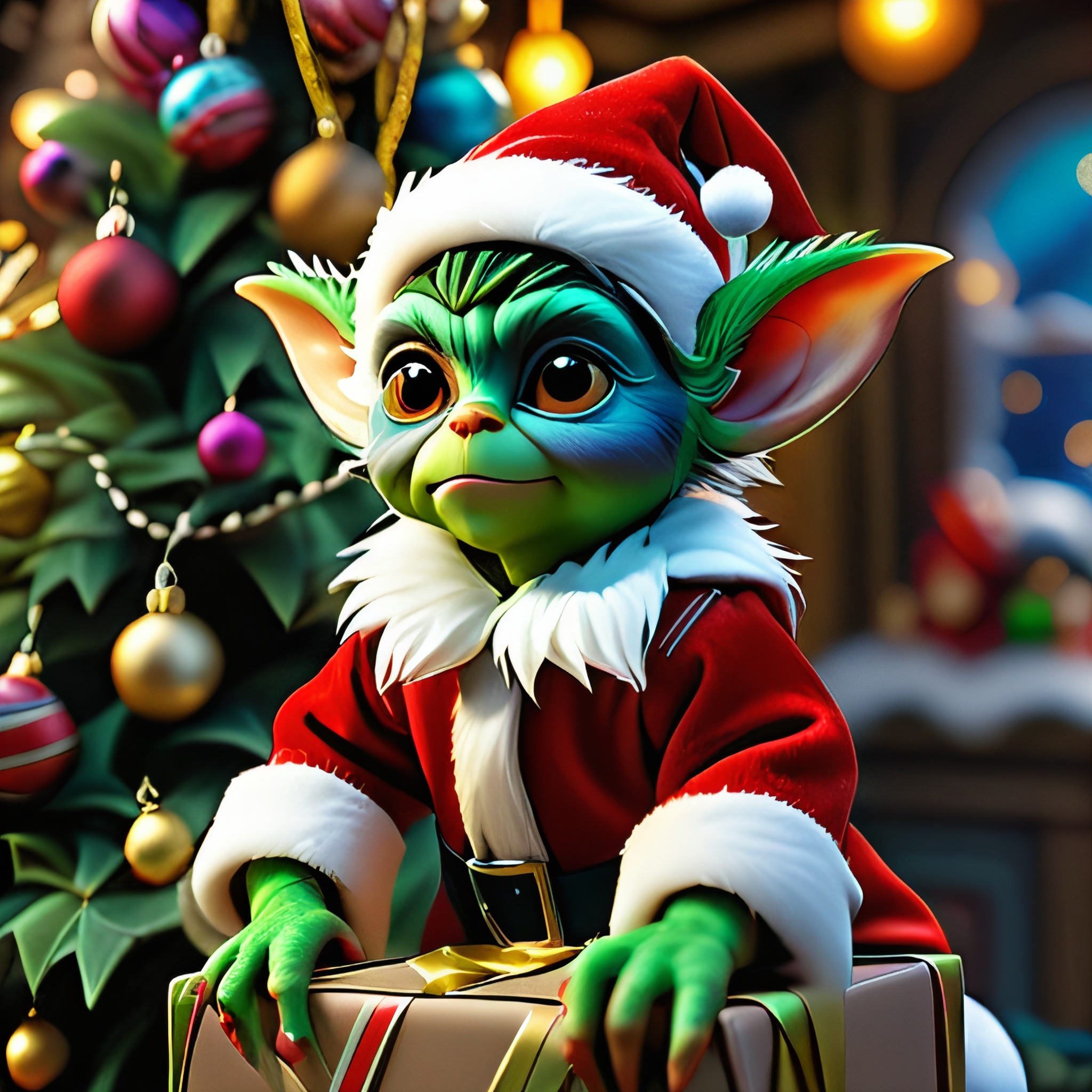 masterpiece, intricate photo, christmas gremlin, background kids elven toy factory at the north pole, christmas tree, festively decorated, christmas gifts, photo realistic, hyper realistic, highly detailed, sharp focus, best quality, high resolution, colorful, vibrant colors, studio lighting, 8K
