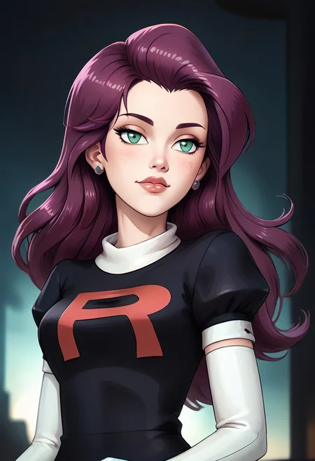 score_9, score_8_up, score_7_up, score_6_up, PRSNL_3_1, uncensored, pupils black dots, lips,
upper body, best quality, masterpiece, 4k, realistic, warm light,
PMMiyamoto, team rocket, floating hair, purple hair, bangs, green eyes, orange earrings, aged up,
black dress, puffy sleeves, elbow gloves, white gloves, white thighhighs, thigh boots,