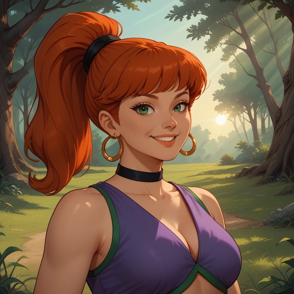 score_9, score_8, BREAK, solo, Jeannie, red hair, high ponytail, hoop earrings, black choker, purple genie outfit with green highlights, midriff, crop top, navel, brown shoes, self portrait, smile, looking at viewer, outdoors, sunlight, shadows, evening lighting, natural lighting, forest, trees, grass, orange sky, sunset
