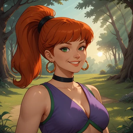 score_9, score_8, BREAK, solo, Jeannie, red hair, high ponytail, hoop earrings, black choker, purple genie outfit with green highlights, midriff, crop top, navel, brown shoes, self portrait, smile, looking at viewer, outdoors, sunlight, shadows, evening lighting, natural lighting, forest, trees, grass, orange sky, sunset
