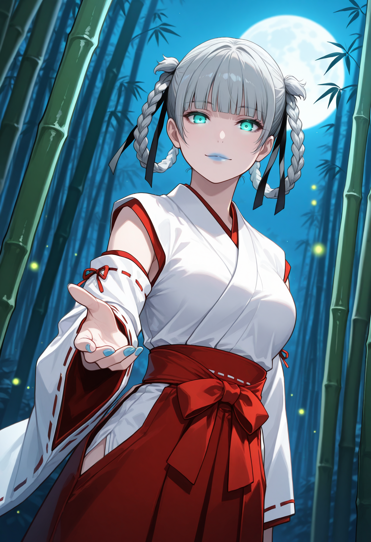 masterpiece, best quality, 1girl, solo, braided hair rings, grey hair, short hair, blunt bangs, blue lips, hair ribbon, black ribbon, miko, japanese clothes, red hakama, white kimono, ribbon trim, outdoors, (bamboo forest), full moon, night, wind, beckoning, reaching towards viewer, cowboy shot, glowing eyes, aqua eyes, blue nails, wide sleeves, hakama short skirt, hip vent, detached sleeves, fireflies, looking at viewer, dutch angle, blurry, blurry background, light smile, closed mouth