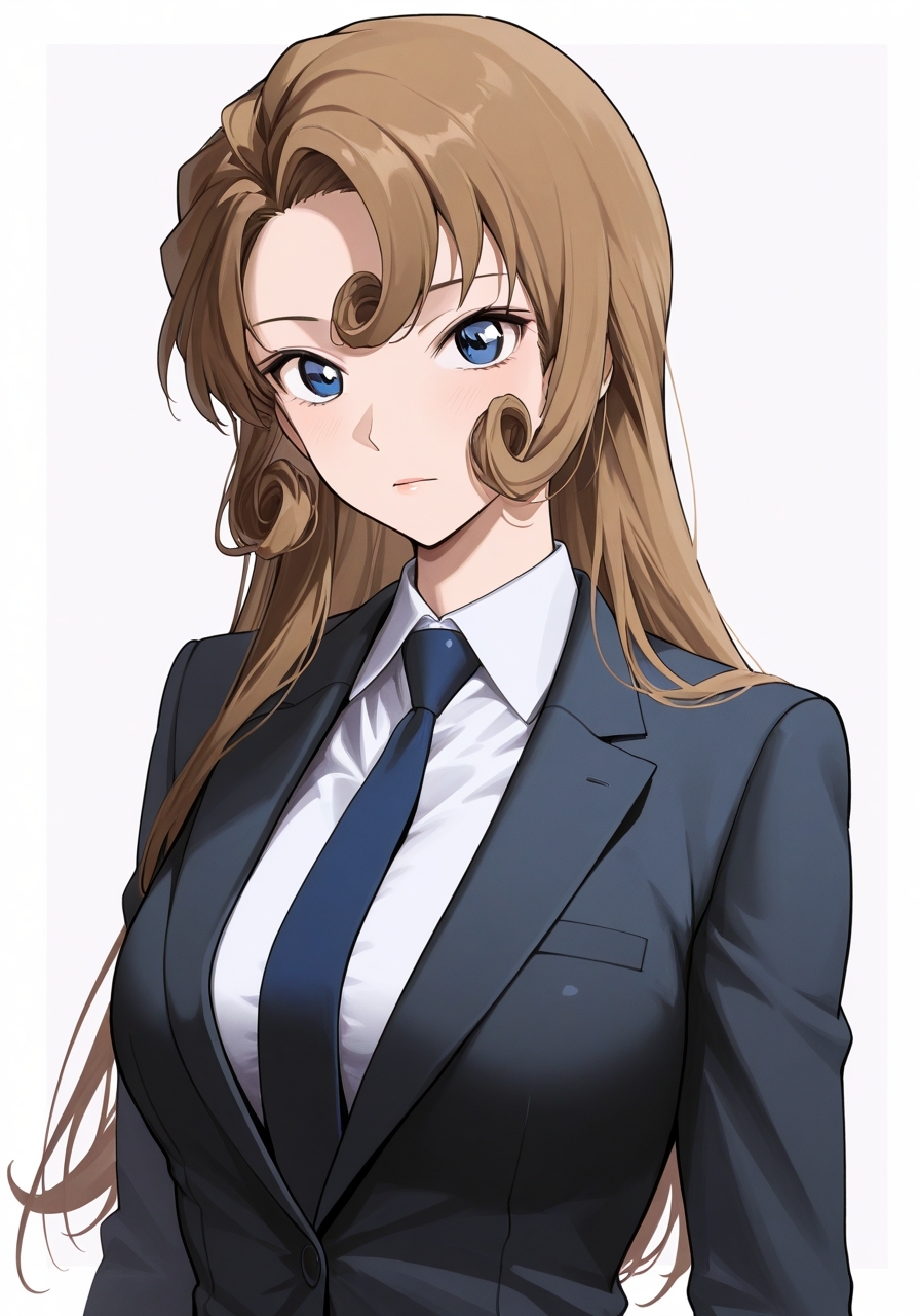 masterpiece, best quality, highres, simple background, looking at viewer, 
1girl, solo, kudo yukiko, blue eyes, suit,
<lora:kudo_yukiko_il_v1:1>