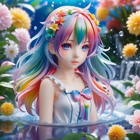 <lora:PVC:1>ï¼PVC figure,rendering,closed-up,
8k Wallpaper,grand,(((masterpiece))), (((best quality))), ((ultra-detailed)), (illustration), ((an extremely delicate and beautiful)),dynamic angle,rainbow hair,detailed cute anime face,((little girl)),(((masterpiece))),an extremely delicate and beautiful girl,flower,cry,water,flowers tire,